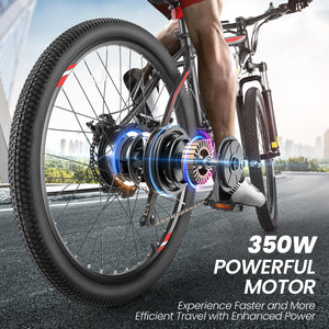 Gocio 26" Electric Bike, 350W Electric Bike for Adults 19.8MPH Electric Mountain Bike, LCD, Lockable Suspension Fork, 374.4Wh 36V Battery UL2849, 21-Speed Mountain E-Bikes Adult Electric Bicycle - GOCIO