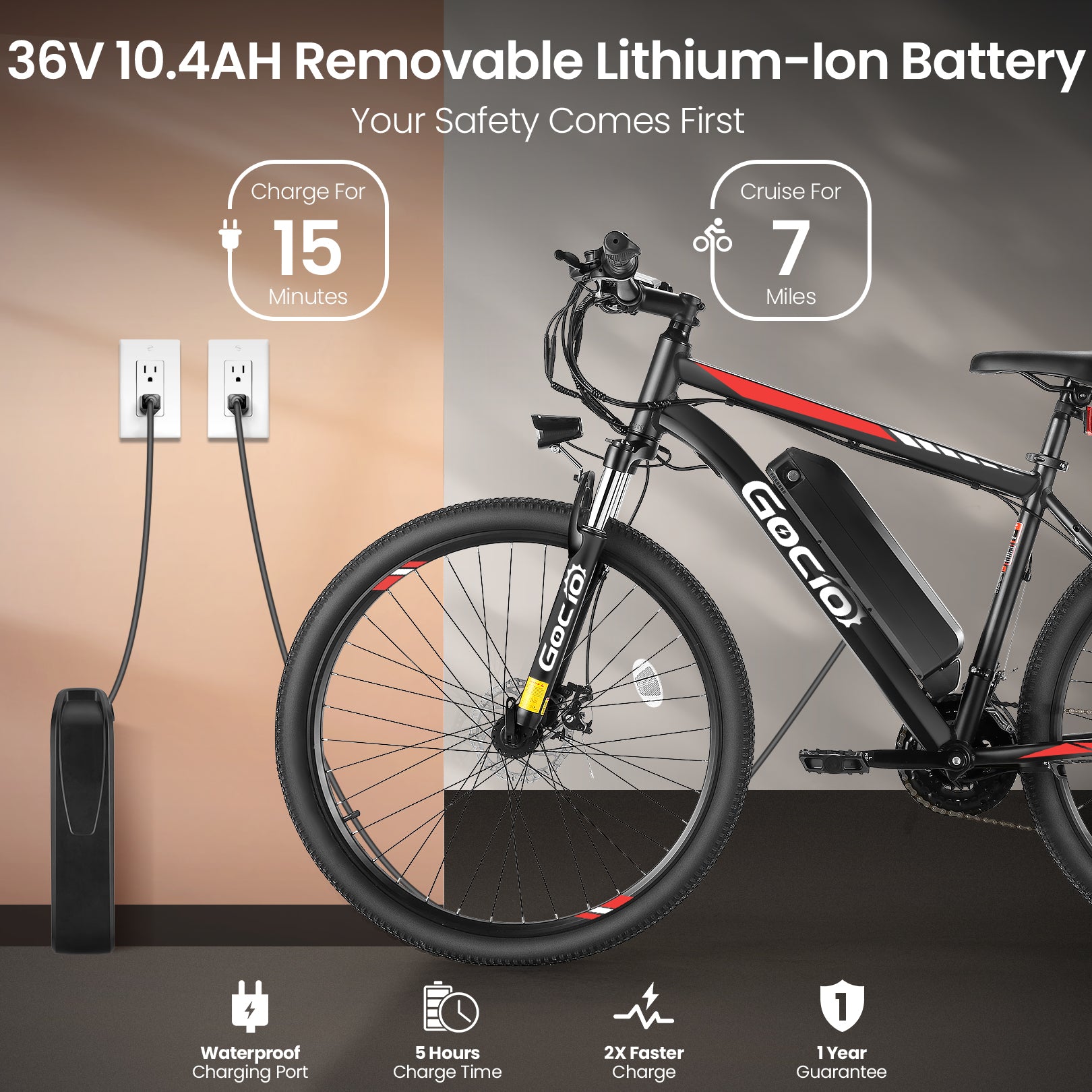 Gocio 26" Electric Bike, 350W Electric Bike for Adults 19.8MPH Electric Mountain Bike, LCD, Lockable Suspension Fork, 374.4Wh 36V Battery UL2849, 21-Speed Mountain E-Bikes Adult Electric Bicycle - GOCIO