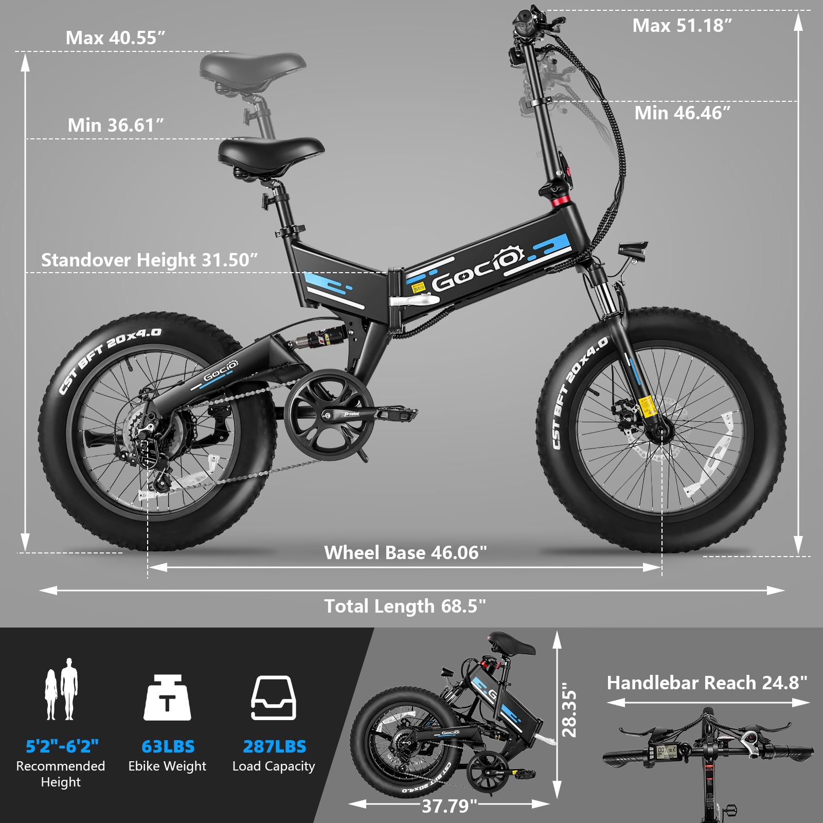 Gocio Foldable Electric Bikes Adult 20"x4" Fat Tire Electric Bike, 48V 10.4Ah, 500W Electric Mountain Bike Full Suspension, LCD, Shimano 7 Speed Electric Cruiser Bicycle UL2849