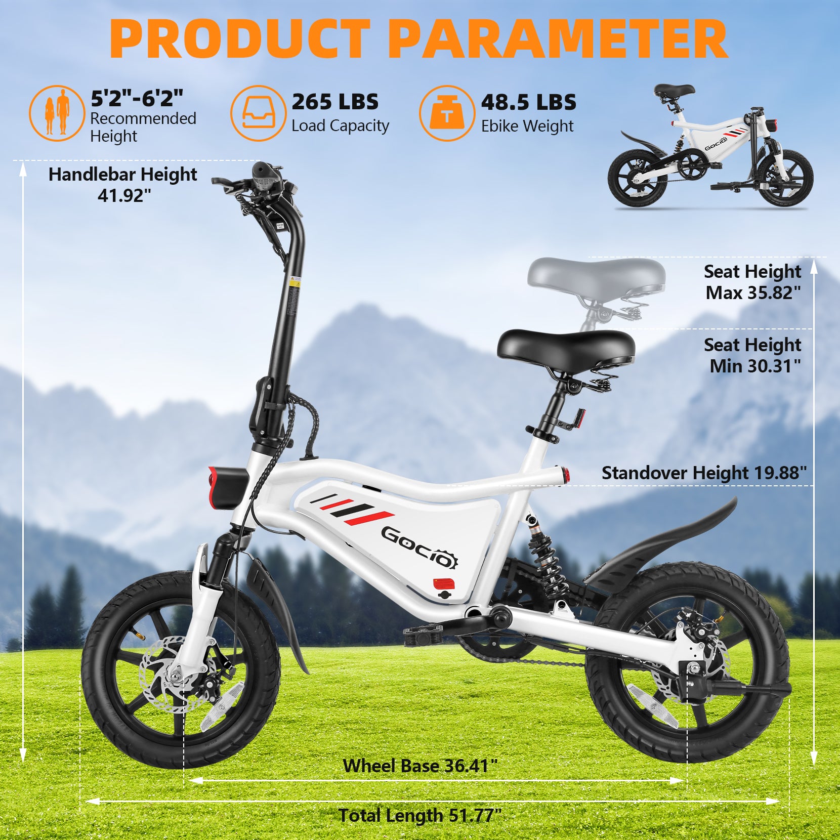 Gocio Ebikes 14"×2.1" Foldable Electric Bicycle for Adults, 550W Peak Commuter E-Bike, 48V 7.8Ah Battery, LCD Dispaly, Electric Bike Small Tire City Ebikes for Women UL2849