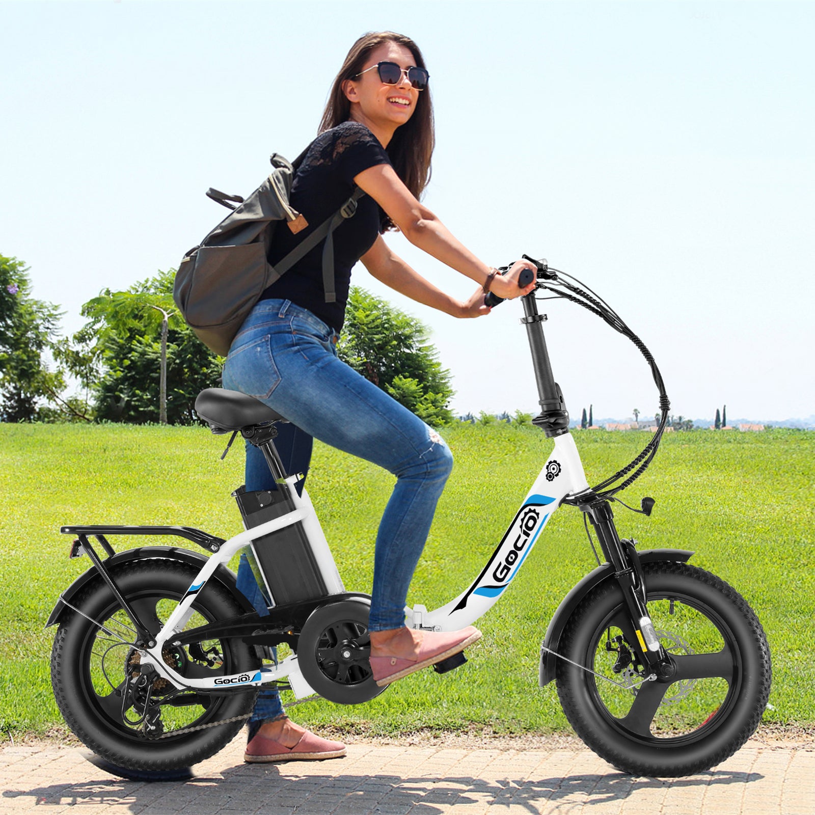 Gocio Electric Bike 3.0 Fat Tire Foldable Ebike, 48V 374.4Wh Battery, Peak 700W Folding Electric Bike, Lockable Suspension Fork, LCD, 16" One-Piece Tire Electric Bicycles for Women Adults UL2849 - GOCIO