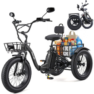 Gocio Peak 1000W Electric Tricycle, 20" x 4.0 Fat Tire Foldable Electric Tricycle, 48V 18AH Large-Capacity Battery E Trikes,7 Speed 3-Wheel Electric Bike for Adults UL2849 Certified - GOCIO