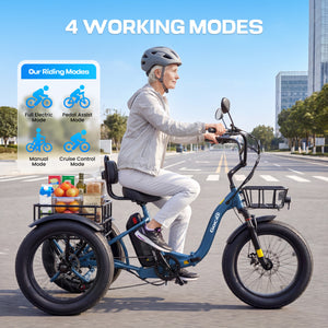 Gocio Peak 1000W Electric Tricycle, 20" x 4.0 Fat Tire Foldable Electric Tricycle, 48V 18AH Large-Capacity Battery E Trikes,7 Speed 3-Wheel Electric Bike for Adults UL2849 Certified - GOCIO