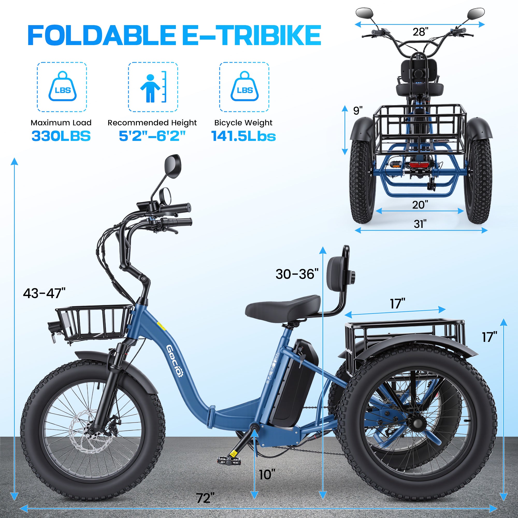 Gocio Peak 1000W Electric Tricycle, 20" x 4.0 Fat Tire Foldable Electric Tricycle, 48V 18AH Large-Capacity Battery E Trikes,7 Speed 3-Wheel Electric Bike for Adults UL2849 Certified - GOCIO