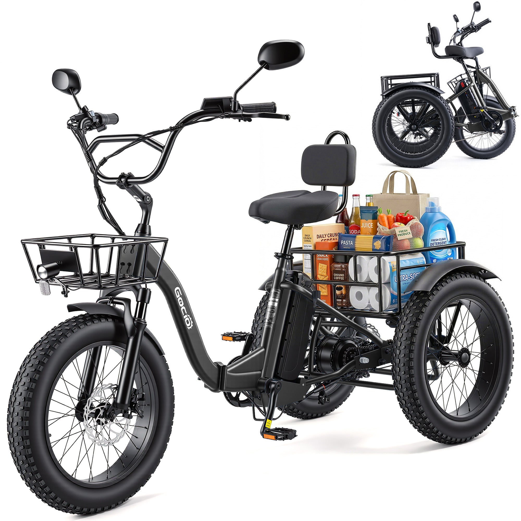 Gocio Peak 1000W Electric Tricycle, 20" x 4.0 Fat Tire Foldable Electric Tricycle, 48V 18AH Large-Capacity Battery E Trikes,7 Speed 3-Wheel Electric Bike for Adults UL2849 Certified - GOCIO