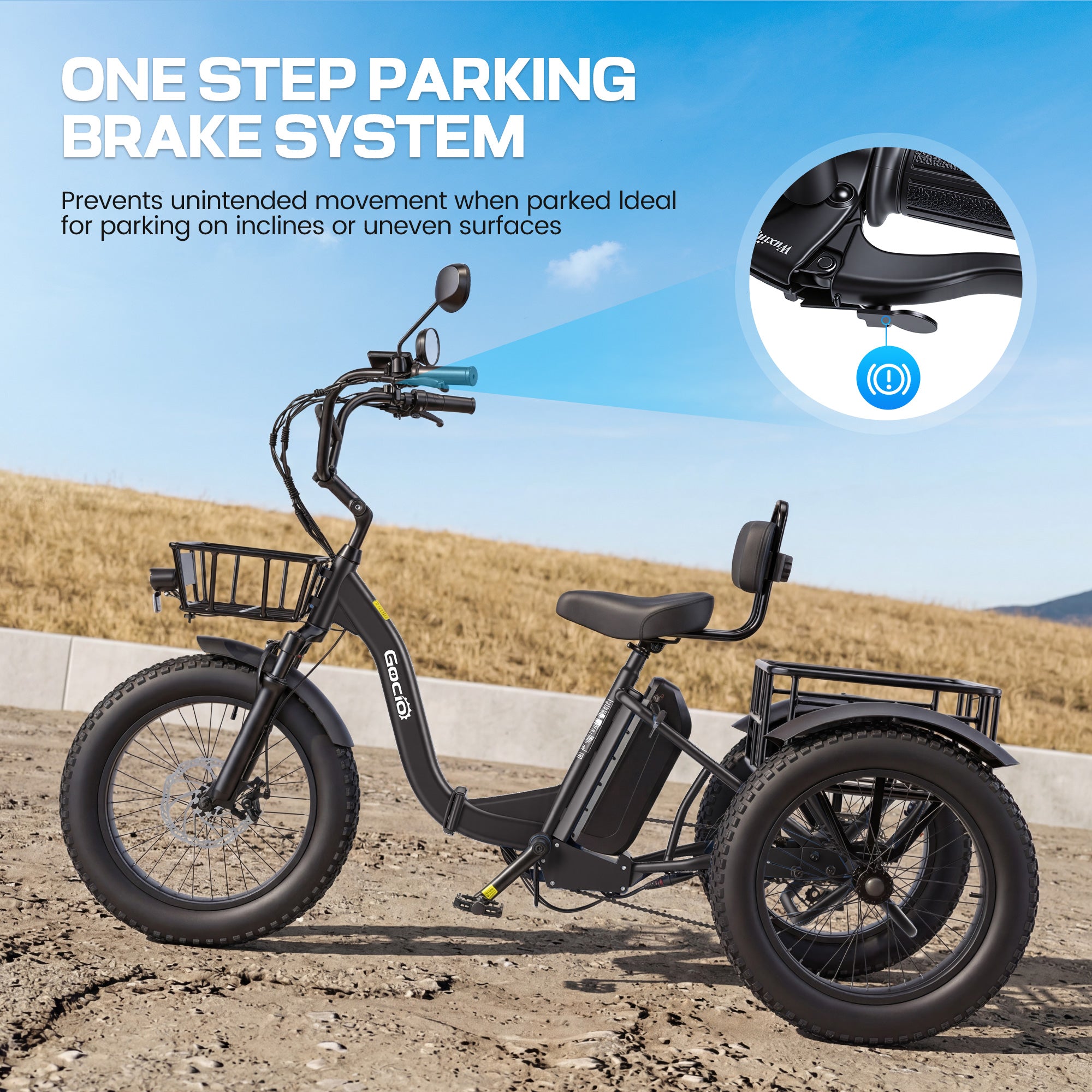 Gocio Peak 1000W Electric Tricycle, 20" x 4.0 Fat Tire Foldable Electric Tricycle, 48V 18AH Large-Capacity Battery E Trikes,7 Speed 3-Wheel Electric Bike for Adults UL2849 Certified - GOCIO