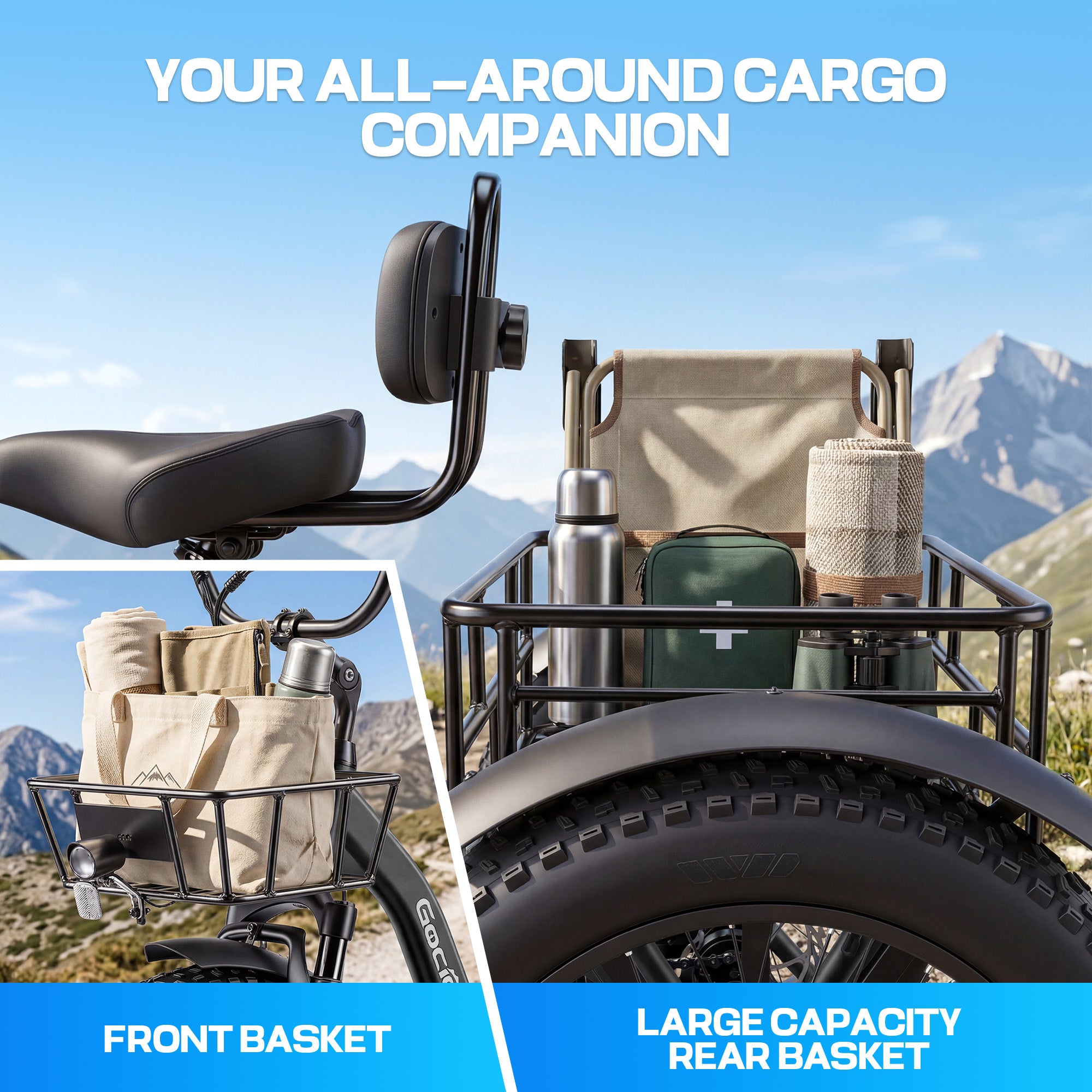 Gocio Peak 1000W Electric Tricycle, 20" x 4.0 Fat Tire Foldable Electric Tricycle, 48V 18AH Large-Capacity Battery E Trikes,7 Speed 3-Wheel Electric Bike for Adults UL2849 Certified - GOCIO