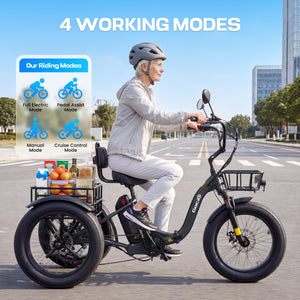 Gocio Peak 1000W Electric Tricycle, 20" x 4.0 Fat Tire Foldable Electric Tricycle, 48V 18AH Large-Capacity Battery E Trikes,7 Speed 3-Wheel Electric Bike for Adults UL2849 Certified - GOCIO