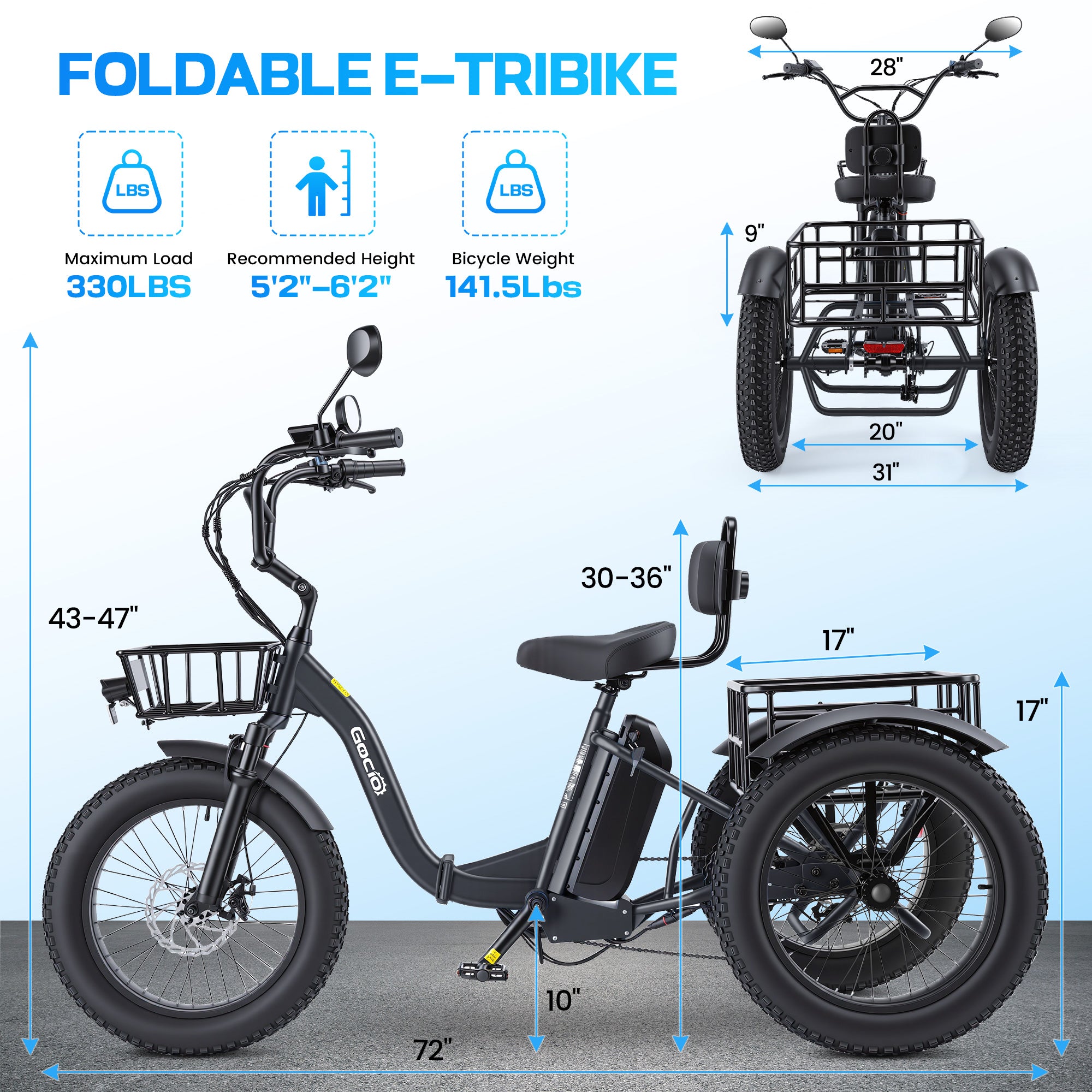 Gocio Peak 1000W Electric Tricycle, 20" x 4.0 Fat Tire Foldable Electric Tricycle, 48V 18AH Large-Capacity Battery E Trikes,7 Speed 3-Wheel Electric Bike for Adults UL2849 Certified - GOCIO
