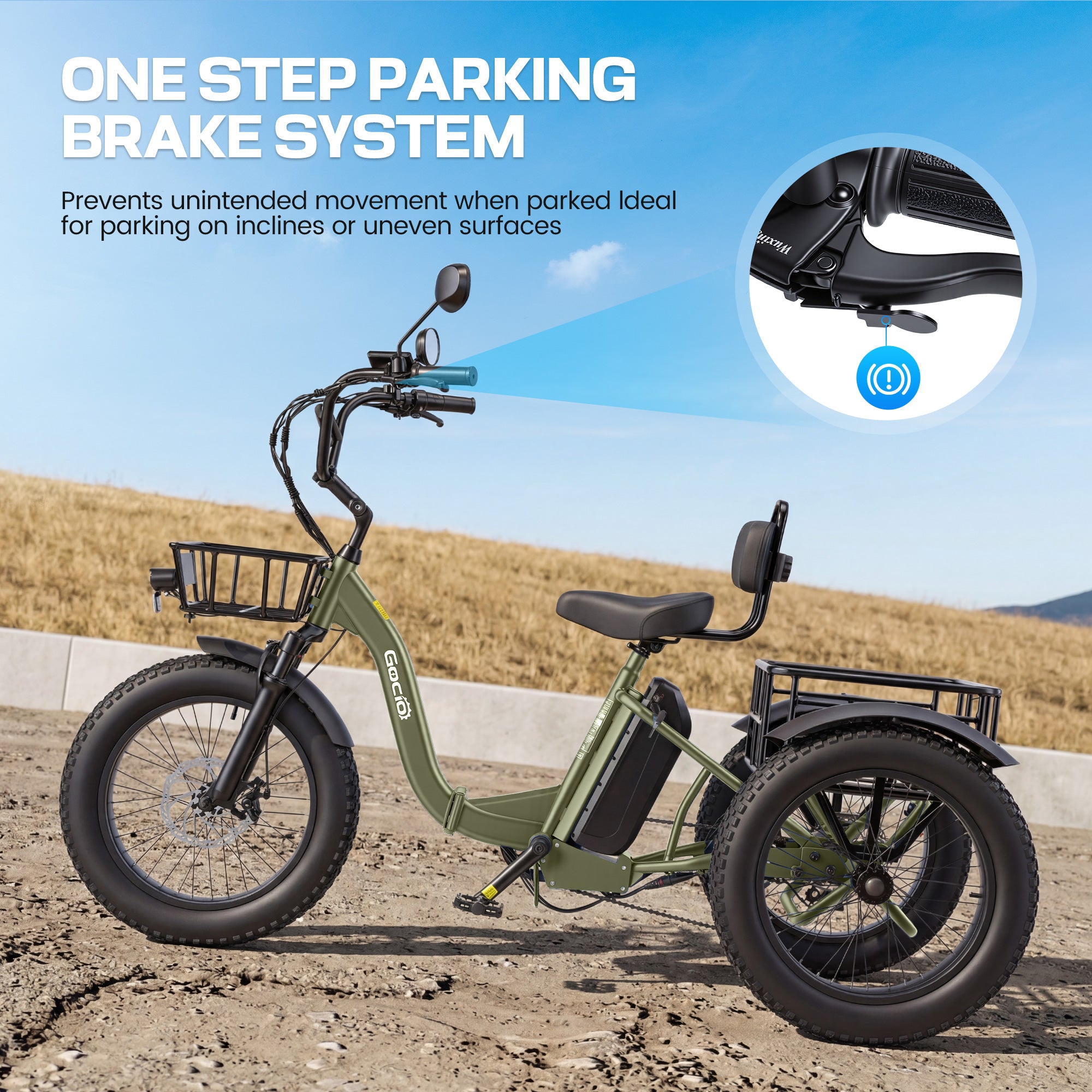 Gocio Peak 1000W Electric Tricycle, 20" x 4.0 Fat Tire Foldable Electric Tricycle, 48V 18AH Large-Capacity Battery E Trikes,7 Speed 3-Wheel Electric Bike for Adults UL2849 Certified - GOCIO