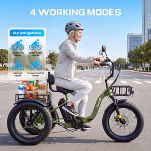 Gocio Peak 1000W Electric Tricycle, 20" x 4.0 Fat Tire Foldable Electric Tricycle, 48V 18AH Large-Capacity Battery E Trikes,7 Speed 3-Wheel Electric Bike for Adults UL2849 Certified - GOCIO