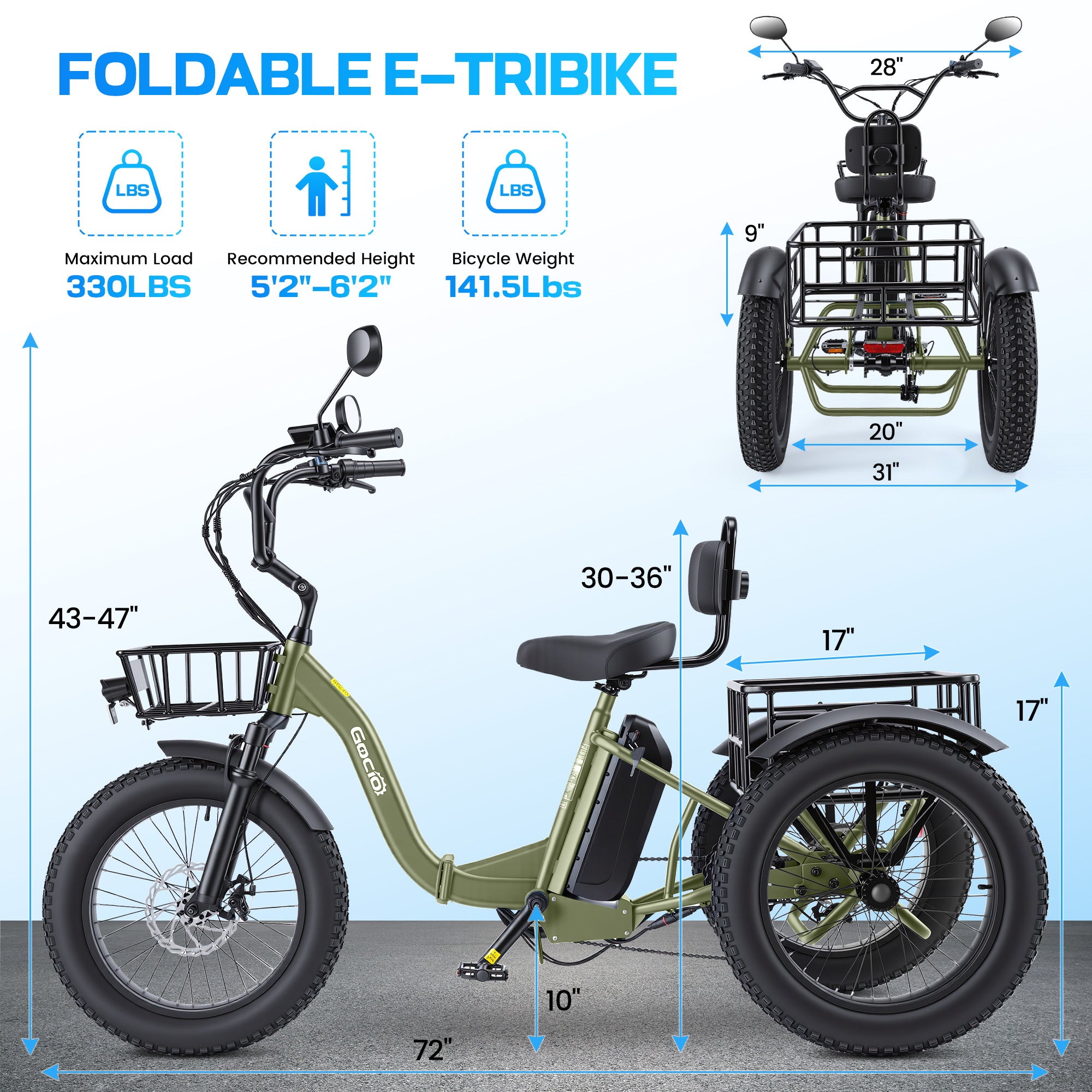 Gocio Peak 1000W Electric Tricycle, 20" x 4.0 Fat Tire Foldable Electric Tricycle, 48V 18AH Large-Capacity Battery E Trikes,7 Speed 3-Wheel Electric Bike for Adults UL2849 Certified - GOCIO