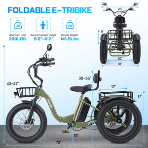 Gocio Peak 1000W Electric Tricycle, 20" x 4.0 Fat Tire Foldable Electric Tricycle, 48V 18AH Large-Capacity Battery E Trikes,7 Speed 3-Wheel Electric Bike for Adults UL2849 Certified - GOCIO