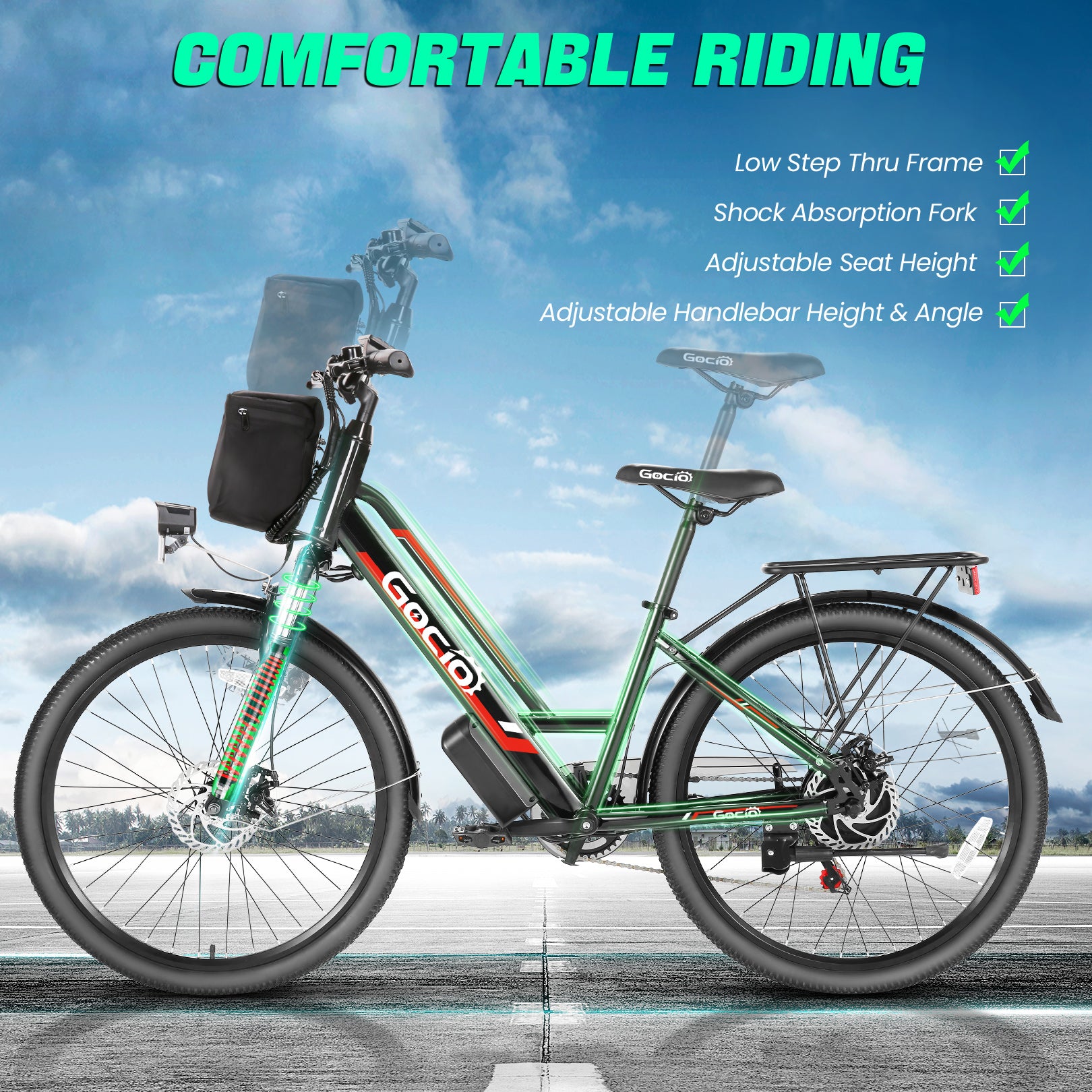 Gocio 500W 26" Electric Bike 48V Electric Bicycle for Adults, 19.8mph Cruiser Ebike, Electric Commuter Bike with Carrier Rack, Low Step Frame Shimano 7 Speed for Men Women Senior UL 2849