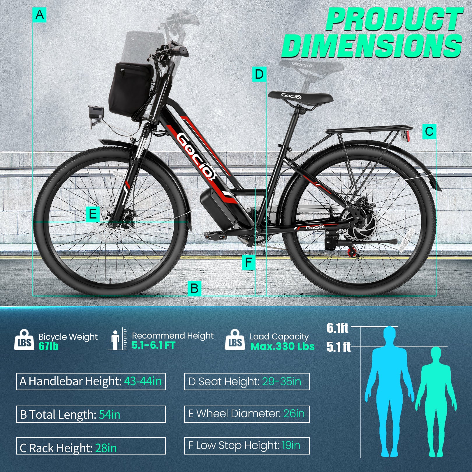 Gocio 500W 26" Electric Bike 48V Electric Bicycle for Adults, 19.8mph Cruiser Ebike, Electric Commuter Bike with Carrier Rack, Low Step Frame Shimano 7 Speed for Men Women Senior UL 2849