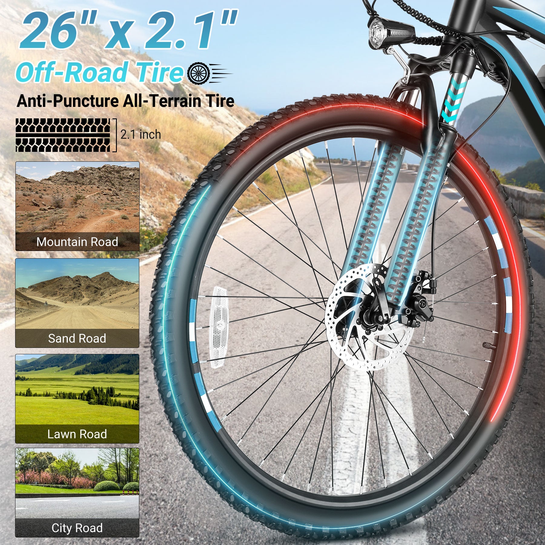 Gocio 26" x 2.1" Electric Bike 500W Electric Bike for Adults, Max 19.8mph Electric Mountain Bicycle, 48V 375Wh Battery Commuter Ebike, Lockable Suspension Fork, Shimano 21 Speed, UL 2849 Certified