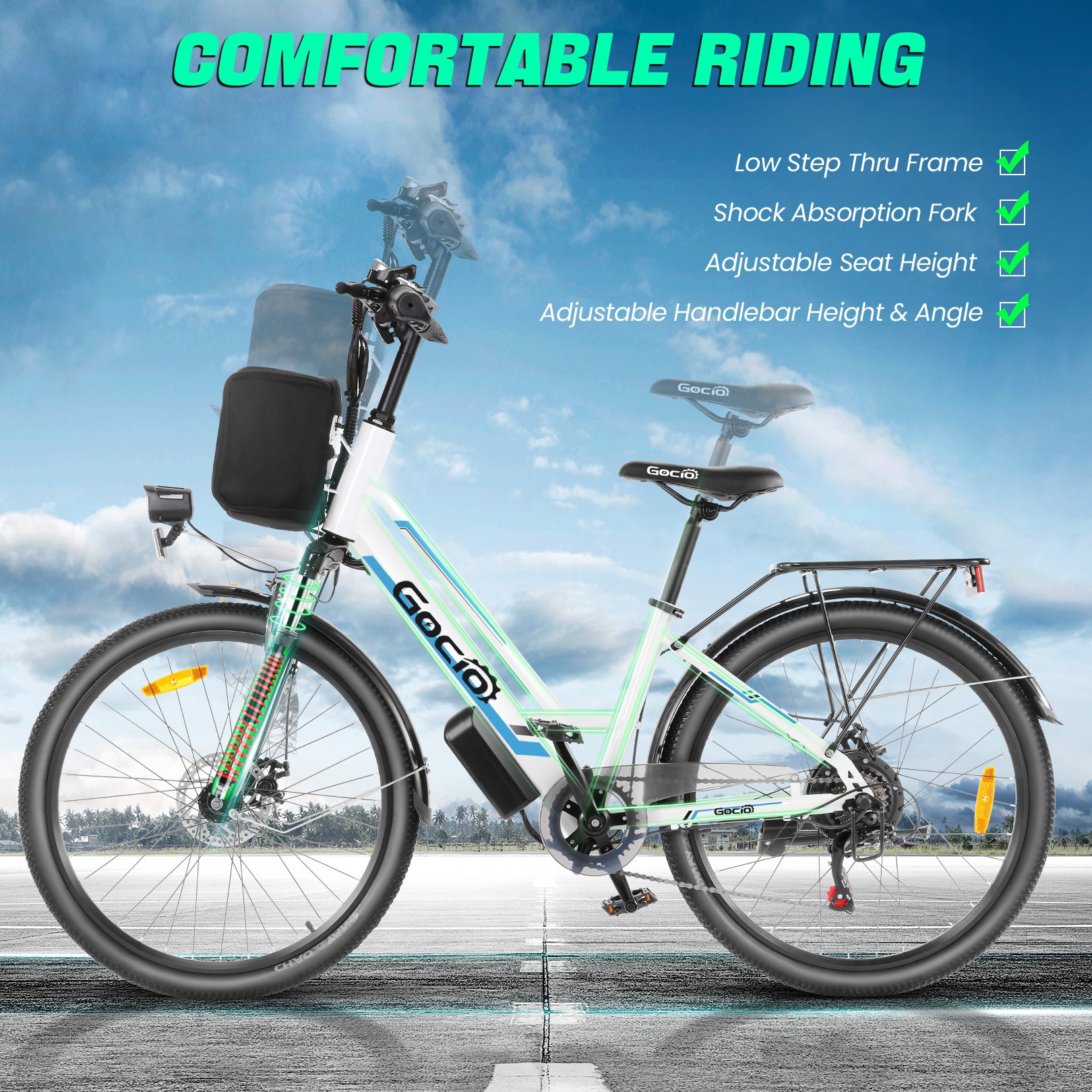 Gocio 500W 26" Electric Bike 48V Electric Bicycle for Adults, 19.8mph Cruiser Ebike, Electric Commuter Bike with Carrier Rack, Low Step Frame Shimano 7 Speed for Men Women Senior UL 2849