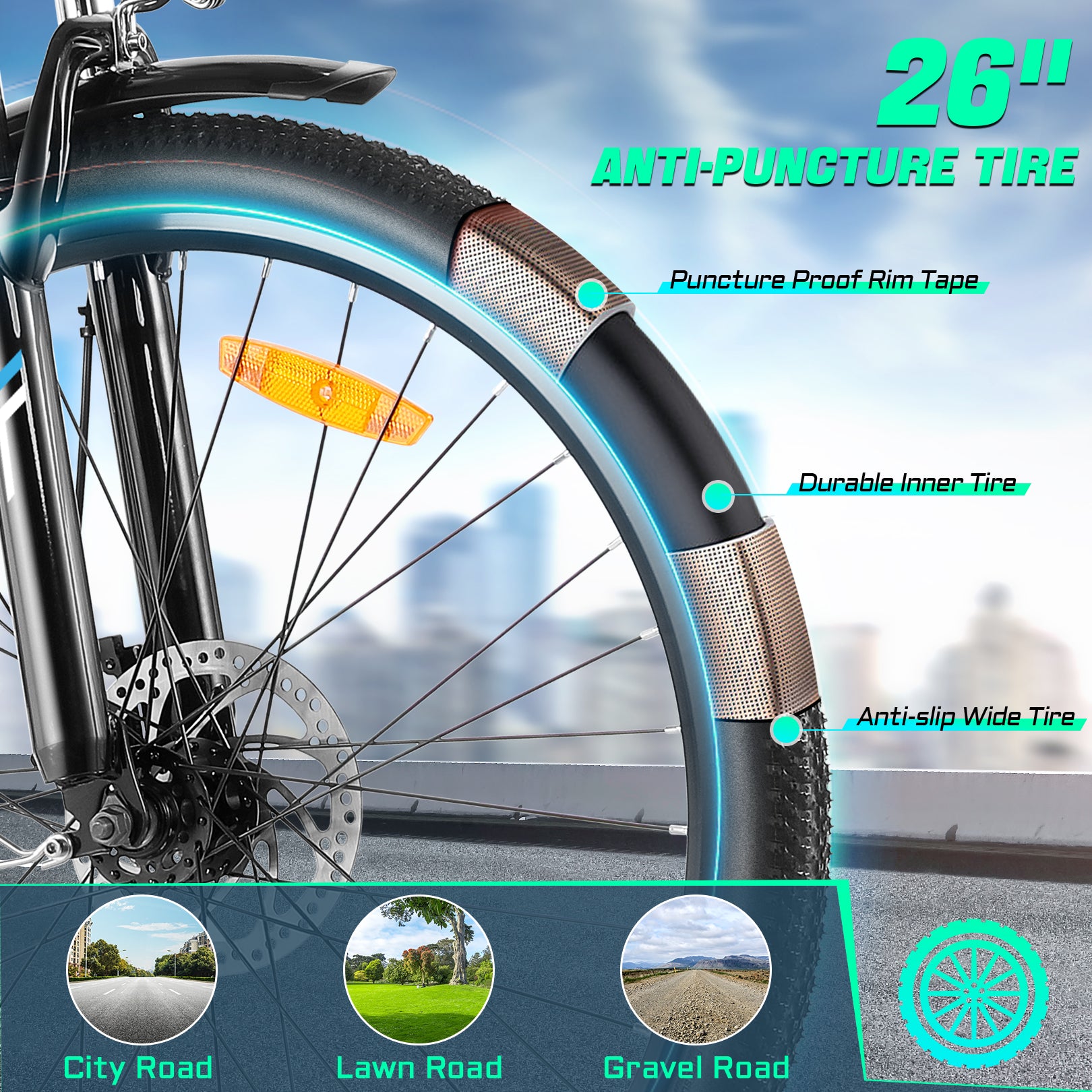 Gocio 500W 26" Electric Bike 48V Electric Bicycle for Adults, 19.8mph Cruiser Ebike, Electric Commuter Bike with Carrier Rack, Low Step Frame Shimano 7 Speed for Men Women Senior UL 2849