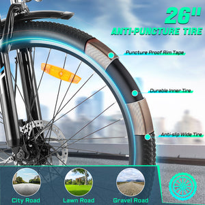 Gocio 500W 26" Electric Bike 48V Electric Bicycle for Adults, 19.8mph Cruiser Ebike, Electric Commuter Bike with Carrier Rack, Low Step Frame Shimano 7 Speed for Men Women Senior UL 2849 - GOCIO