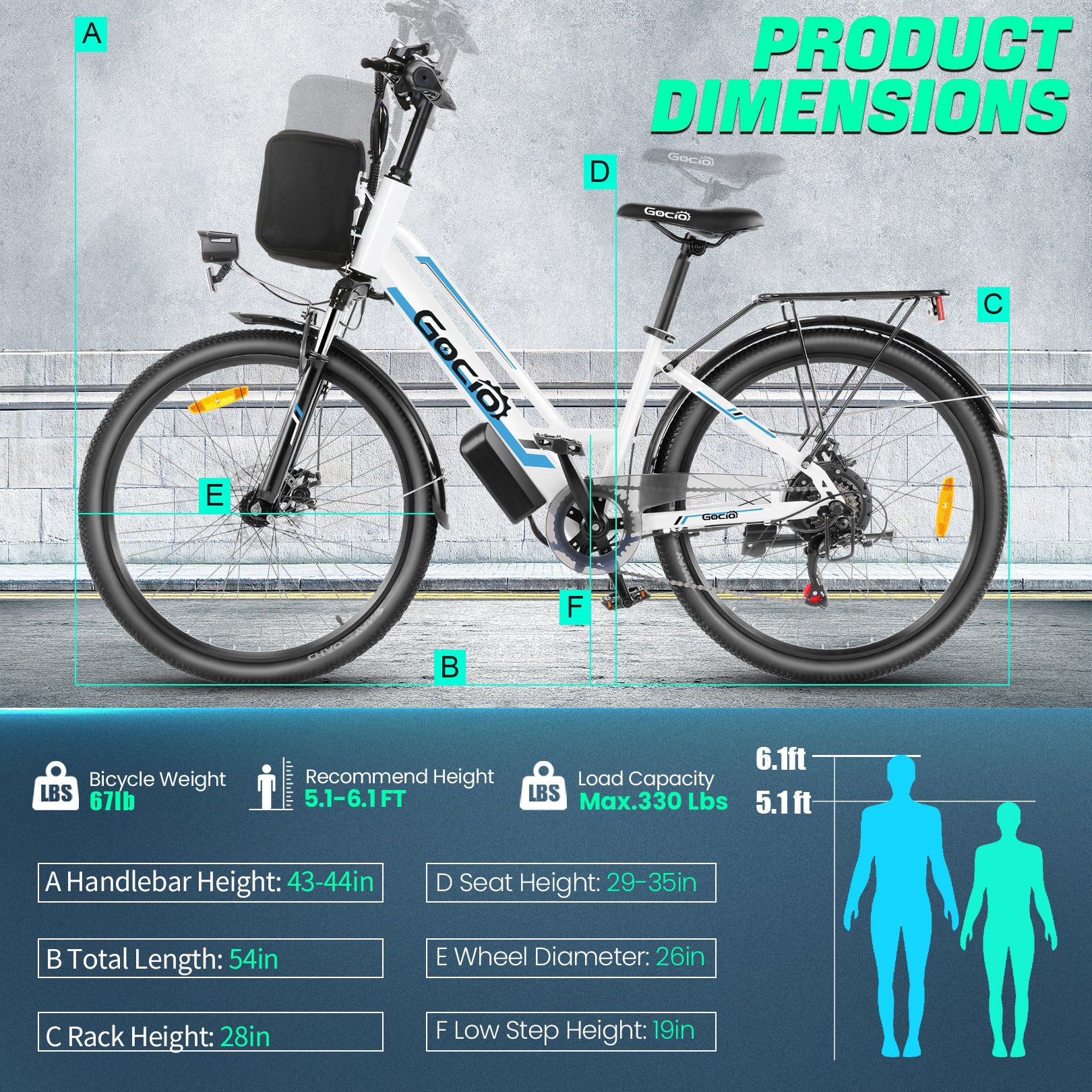 Gocio 500W 26" Electric Bike 48V Electric Bicycle for Adults, 19.8mph Cruiser Ebike, Electric Commuter Bike with Carrier Rack, Low Step Frame Shimano 7 Speed for Men Women Senior UL 2849