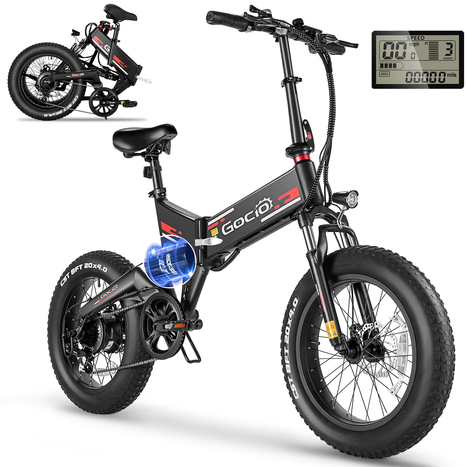 Gocio Foldable Electric Bikes Adult 20"x4" Fat Tire Electric Bike, 48V 10.4Ah, 500W Electric Mountain Bike Full Suspension, LCD, Shimano 7 Speed Electric Cruiser Bicycle UL2849